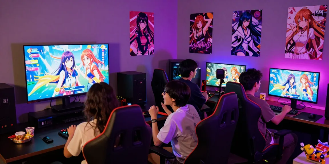 Friends enjoying a lively gaming session featuring a popular hentai game in a vibrant atmosphere.