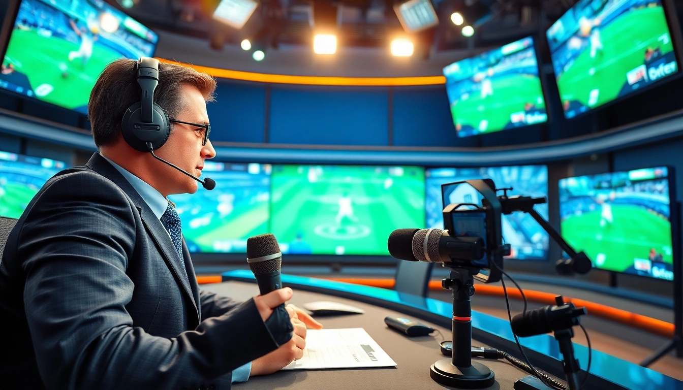 Engaging sports broadcasting scene with an analyst delivering live commentary in a vibrant studio environment.