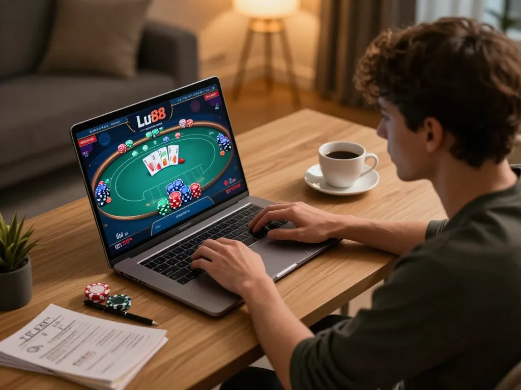 Player enjoying Lu88 online casino gaming at home, focused on the laptop with poker action.