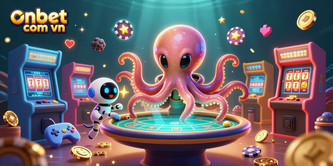 Experience exciting gambling fun with onbet com vn, featuring a cartoon octopus running a poker game.