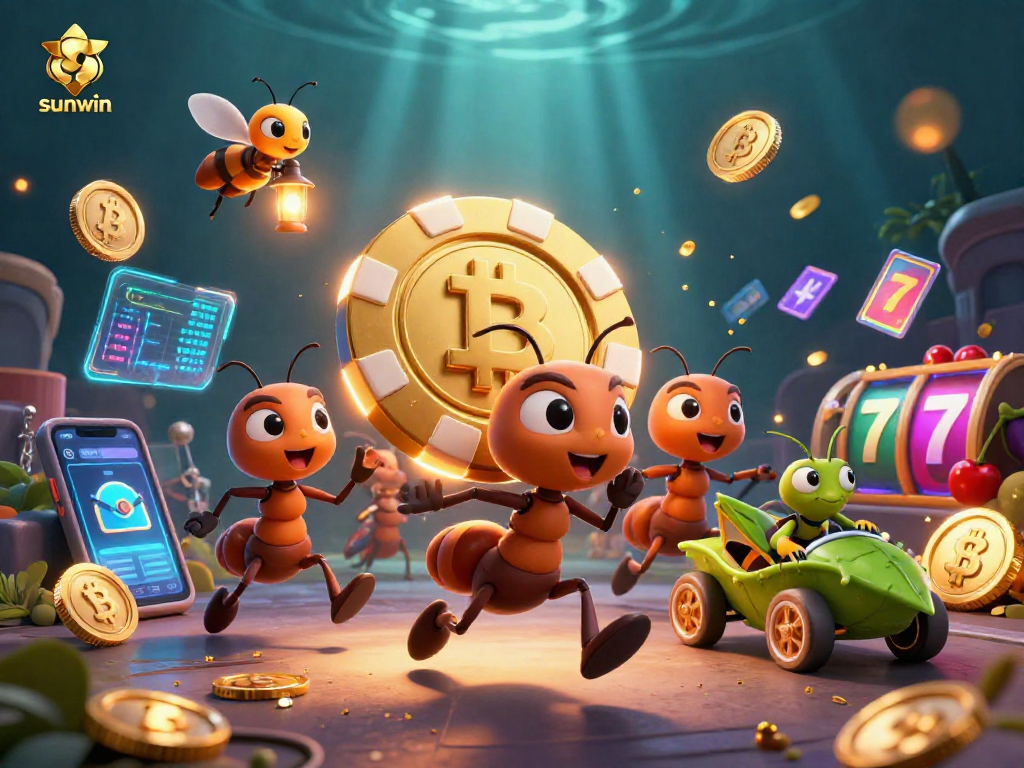 sunwin thrills as cartoon ants lift a massive poker chip in a lively casino heist scene