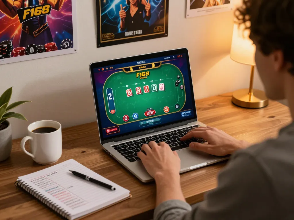 Engaging in a strategic poker game on F168's online platform from a cozy home workspace