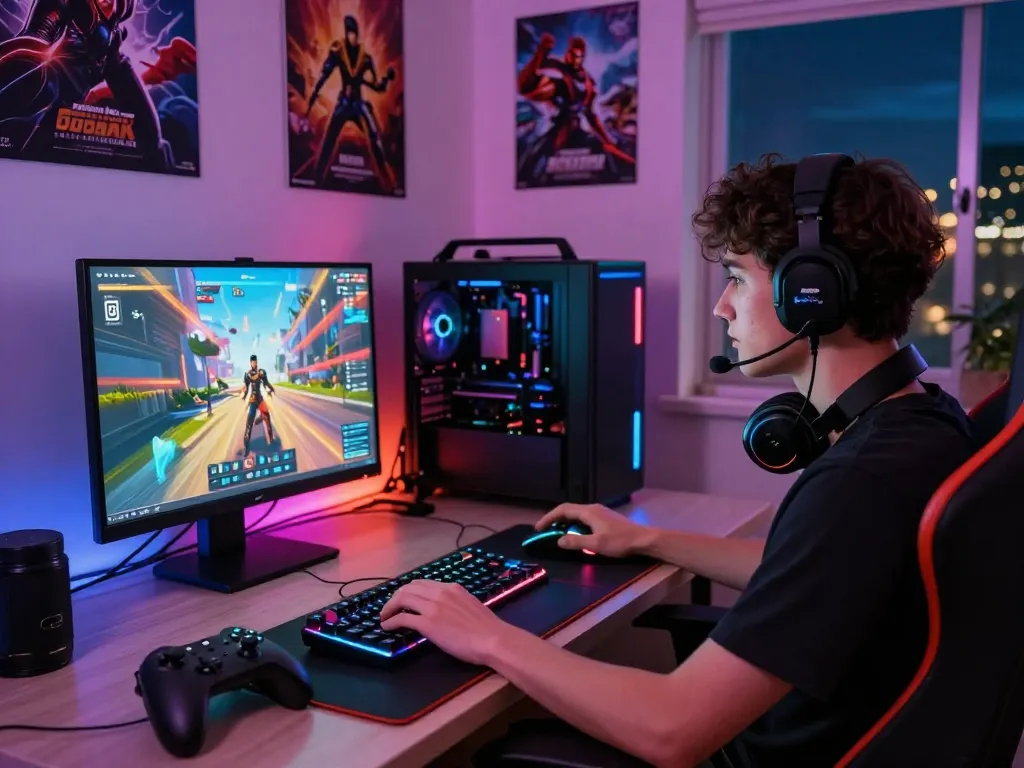 An immersive online gaming experience featuring a user engaged with https://rikviprent.com displayed on a high-end gaming laptop, vibrant LEDs, and gaming accessories.