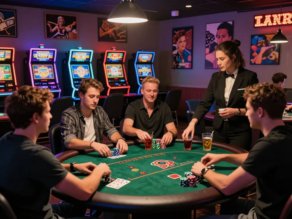 Experience the thrill of tải go88 in a vibrant gaming lounge with players enjoying poker and blackjack.