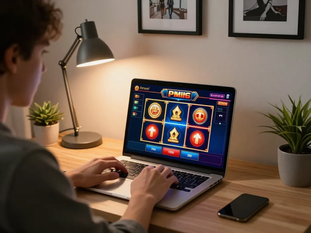 Engaging gameplay on nk88.com featuring a vibrant slot machine interface, modern home office setup.