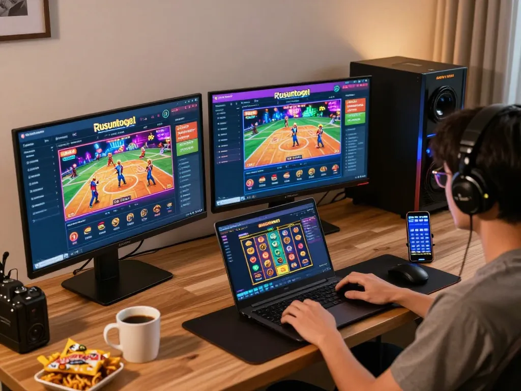 Player engaging with rusuntogel interface on multiple screens while enjoying online betting experience at home.