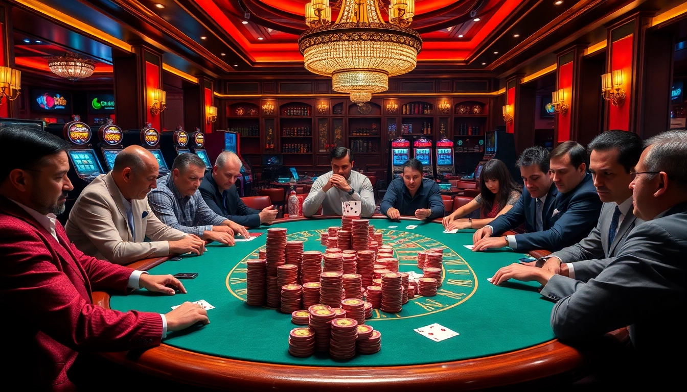 Nohu-inspired casino scene featuring a high-stakes poker game setup with luxurious decor and players focused on their cards.