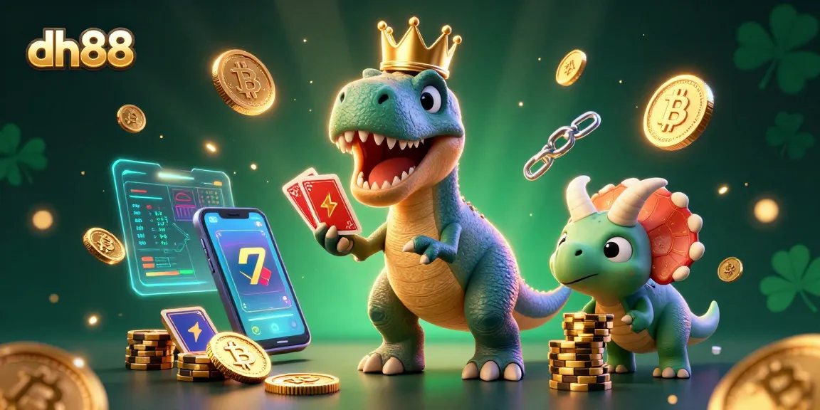 Experience thrilling gaming at dh88 with a cartoon T-Rex and friends amidst vibrant casino elements.