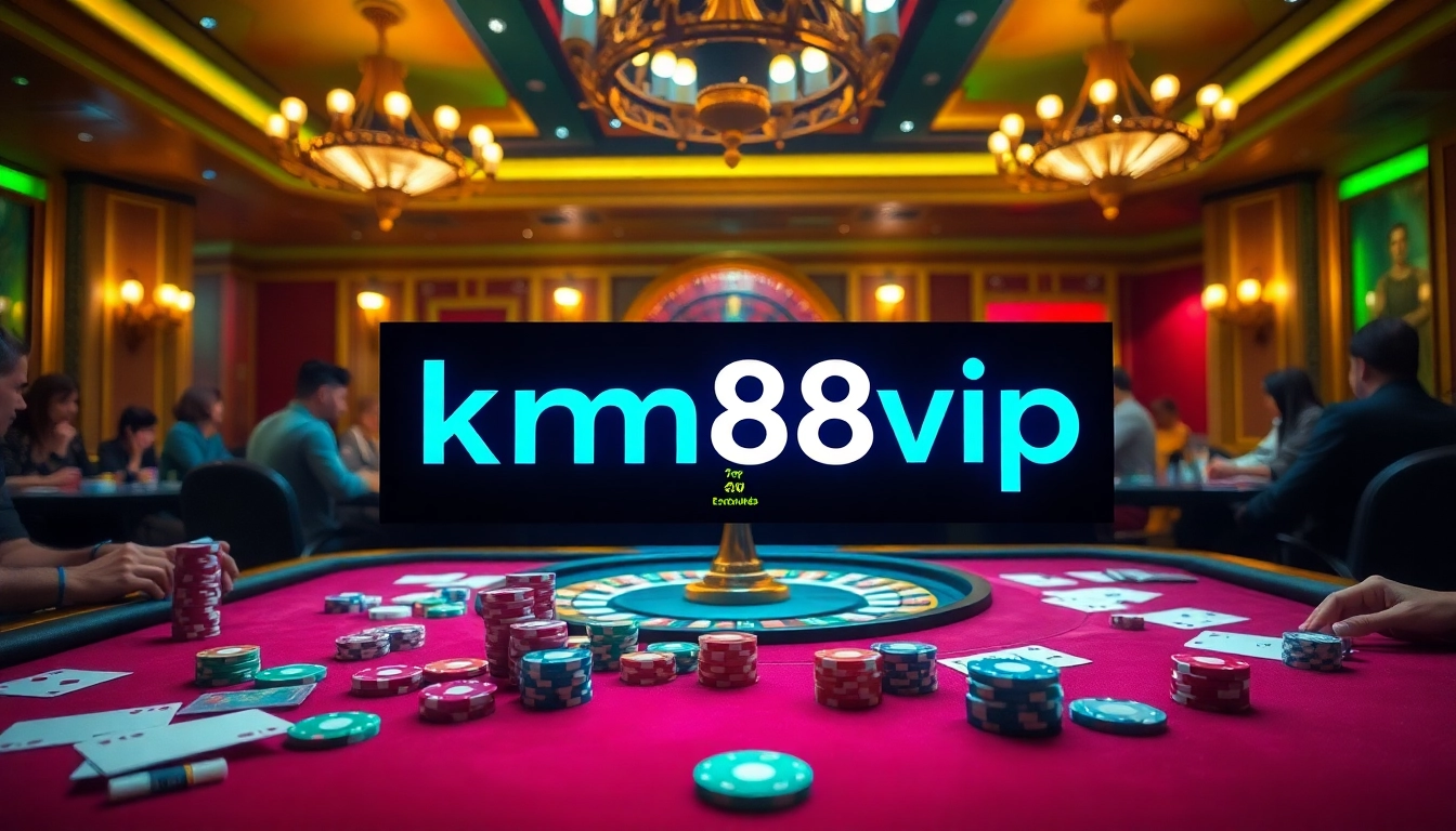 Engaging gambling scene at km88vip casino with poker chips, cards, and roulette table.