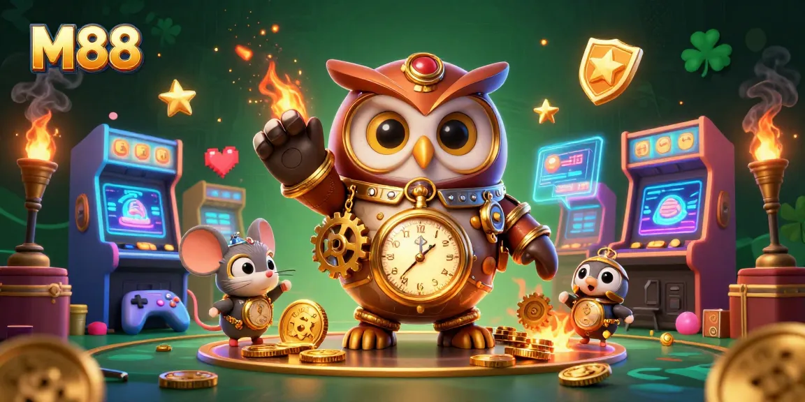 Engage with the thrilling M88 casino featuring dynamic 3D gaming characters and vibrant arcade elements.