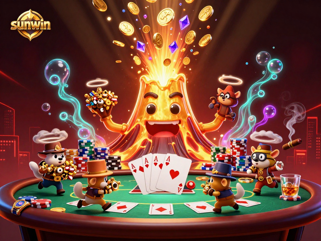 sunwin celebrates wins at a vibrant casino scene with a volcano, poker elements, and treasure.