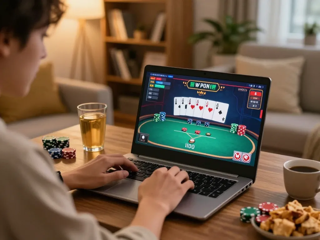 Engaging online gaming scene showcasing 789winf, person playing poker on laptop with chips and strategy notes
