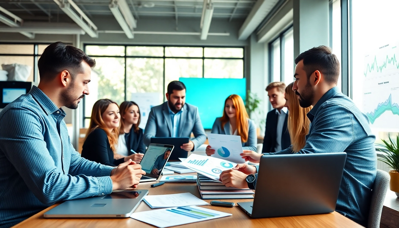 Marketing Agency team collaborating creatively in a modern office space.