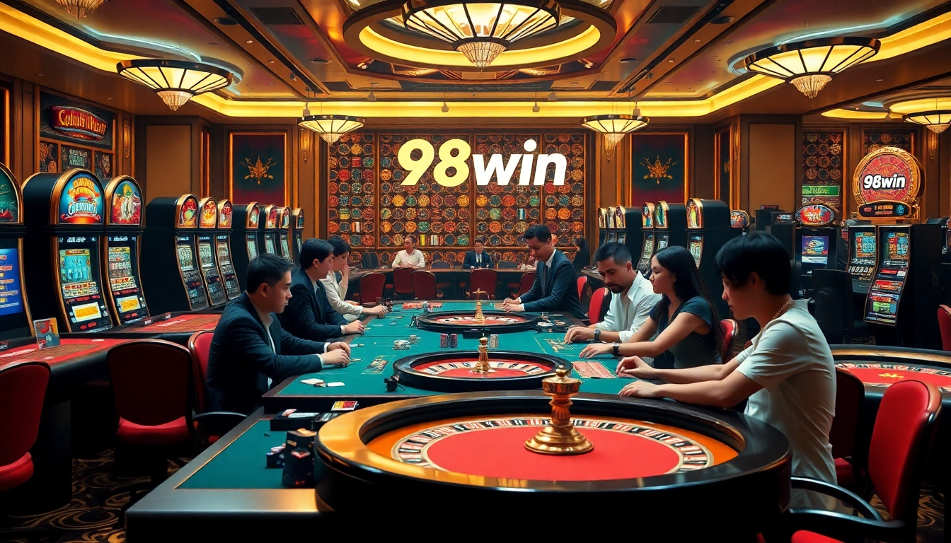 Exciting gameplay at 98win casino with players enjoying poker and slot machines.