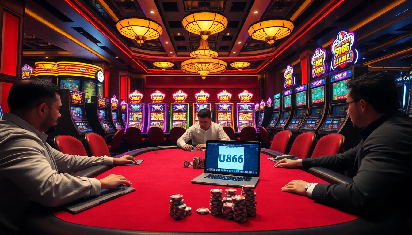 Excited gamblers at a high-stakes poker table, showcasing the u888 com logo prominently.