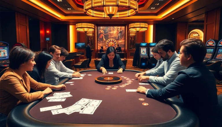 Experience the excitement of https://555win5.co.com with an interactive casino scene featuring card games and roulette.