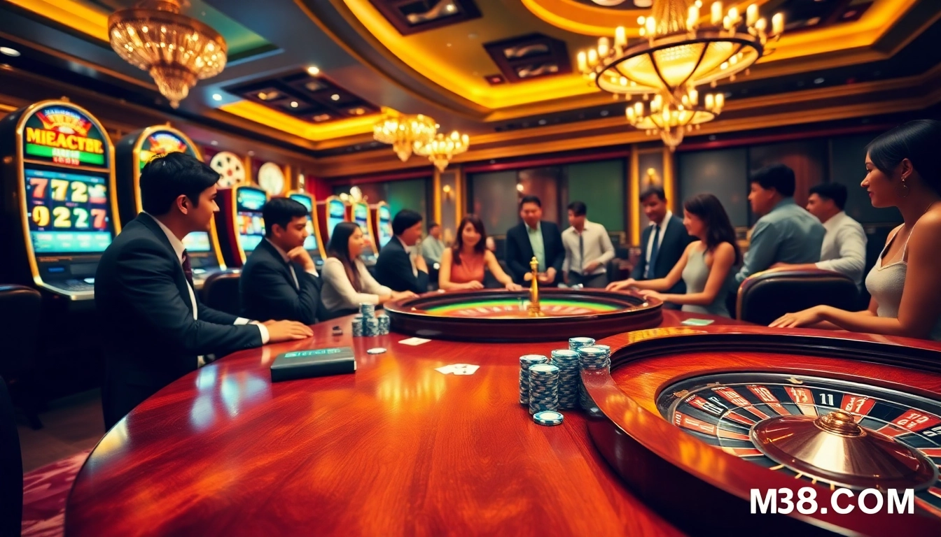 Players enjoy thrilling games at MM88.COM, featuring poker chips and luxury casino decor.