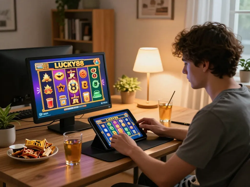 Player enjoying LUCKY88 slot game on a tablet at home, highlighting cozy online gaming atmosphere.