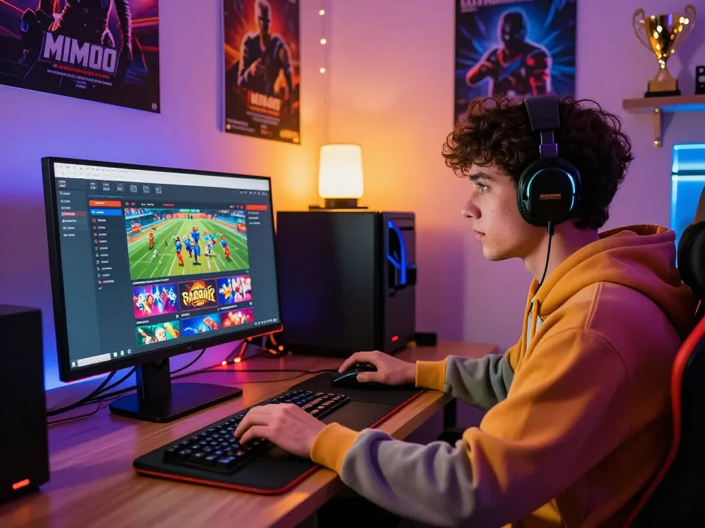 Gamer engaged with MMOO online betting platform, showcasing dynamic sports odds and gaming setup.