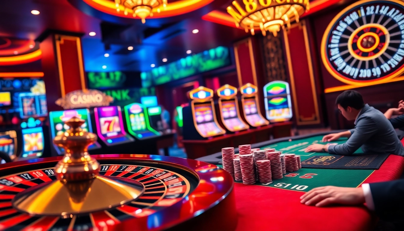 Experience the thrill of U888vip0 with vibrant casino visuals featuring roulette wheels and poker chips.