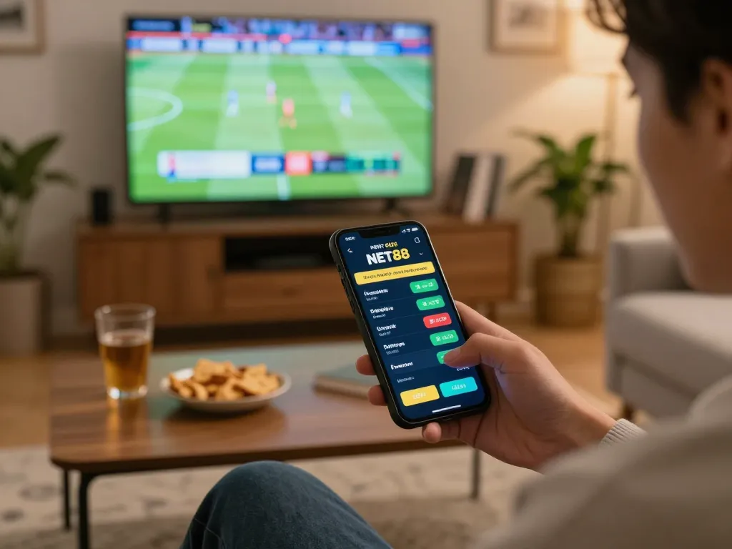 Placing bets on NET88 using smartphone in a cozy living room with live sports on TV.