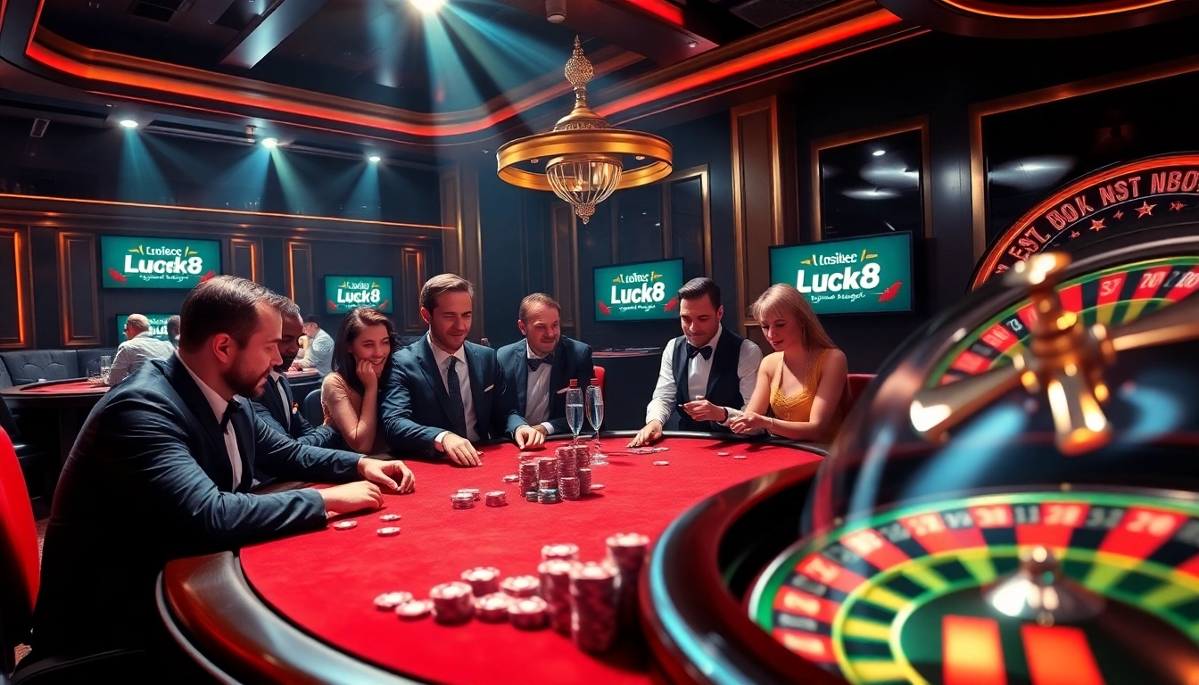 The excitement of gambling at https://luck8.discount/ with players at a poker table and a roulette wheel.