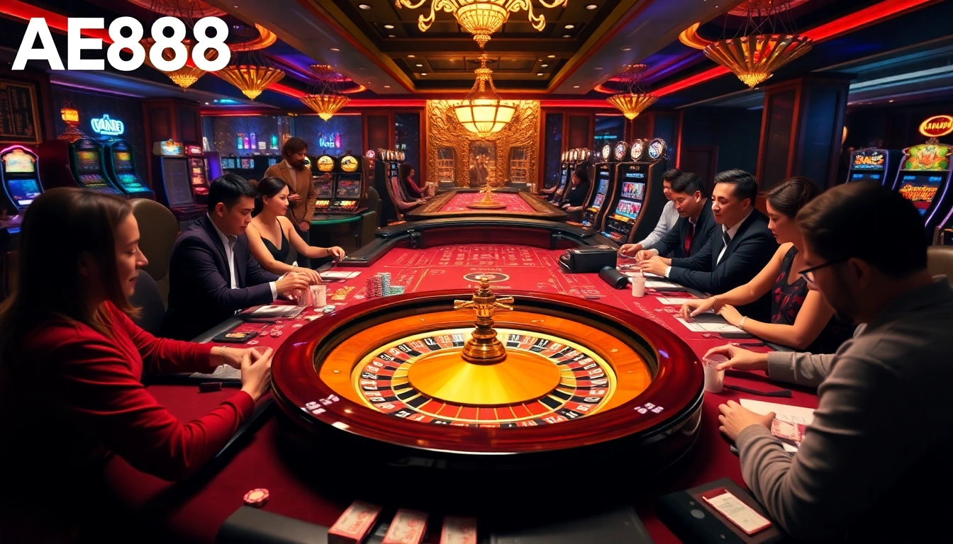 Exciting casino scene at https://ae888a.ru.com/ featuring players at a gaming table with poker chips.