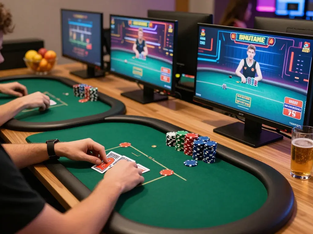 Player managing chips in an online poker game setup, highlighting tubidy mp3 for seamless audio integration.