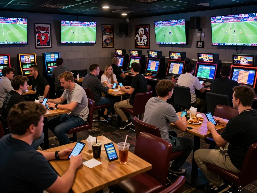 Engaging sports betting scene at Bsport with fans placing bets while watching live games.
