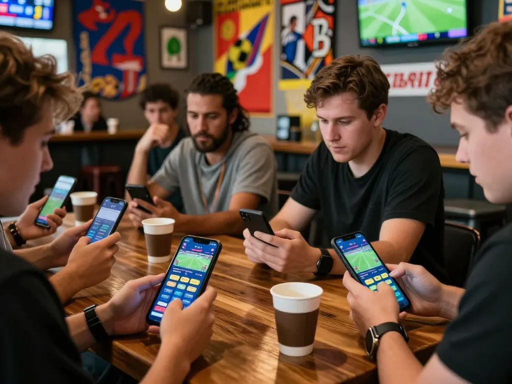 Excited sports fans engaging with SBOBET88 platform in a lively bar setting.