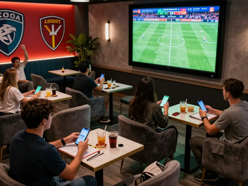 Tỷ lệ kèo nhà cái hôm nay showcased in a vibrant sports betting lounge, fans eagerly engaging with betting apps.