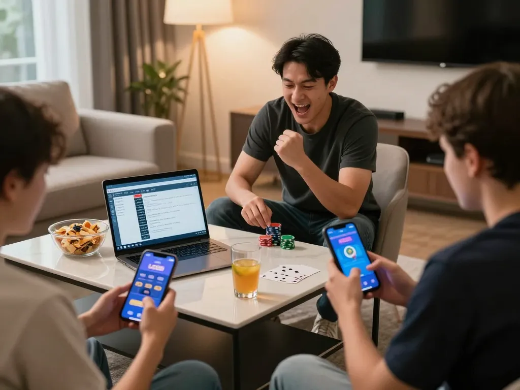 Players enjoying the LC88 app during a lively online poker session, celebrating wins.
