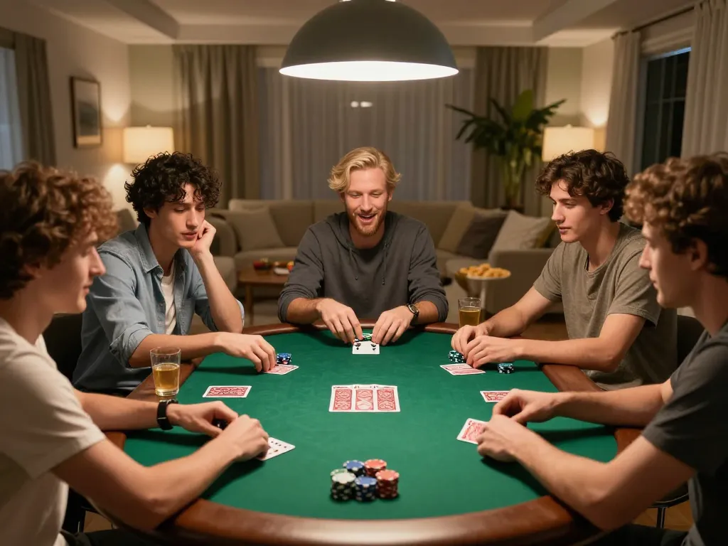 Friends enjoying a poker night at home, playing poker with lc88 chips and cards visible.