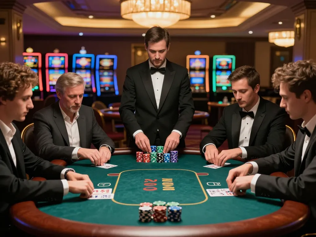 Players strategizing at a poker table in an upscale casino, showcasing sunwingo's thrilling gaming experience.