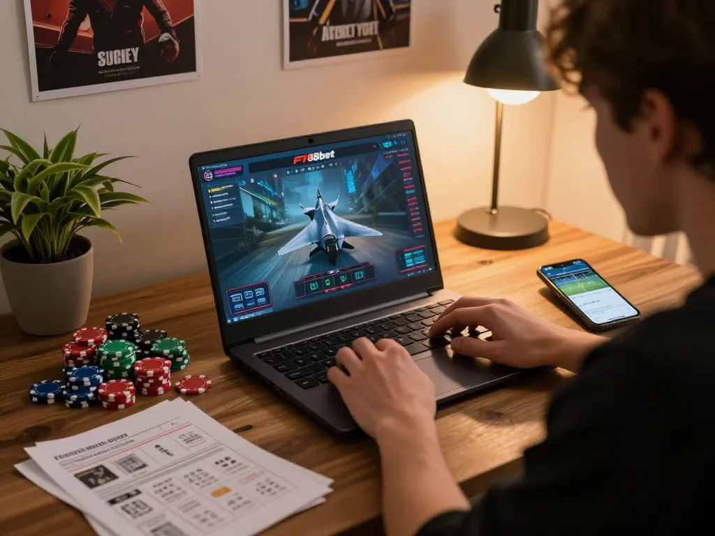 Player engaging with F168bet on laptop amidst gaming strategy notes and vibrant surroundings.