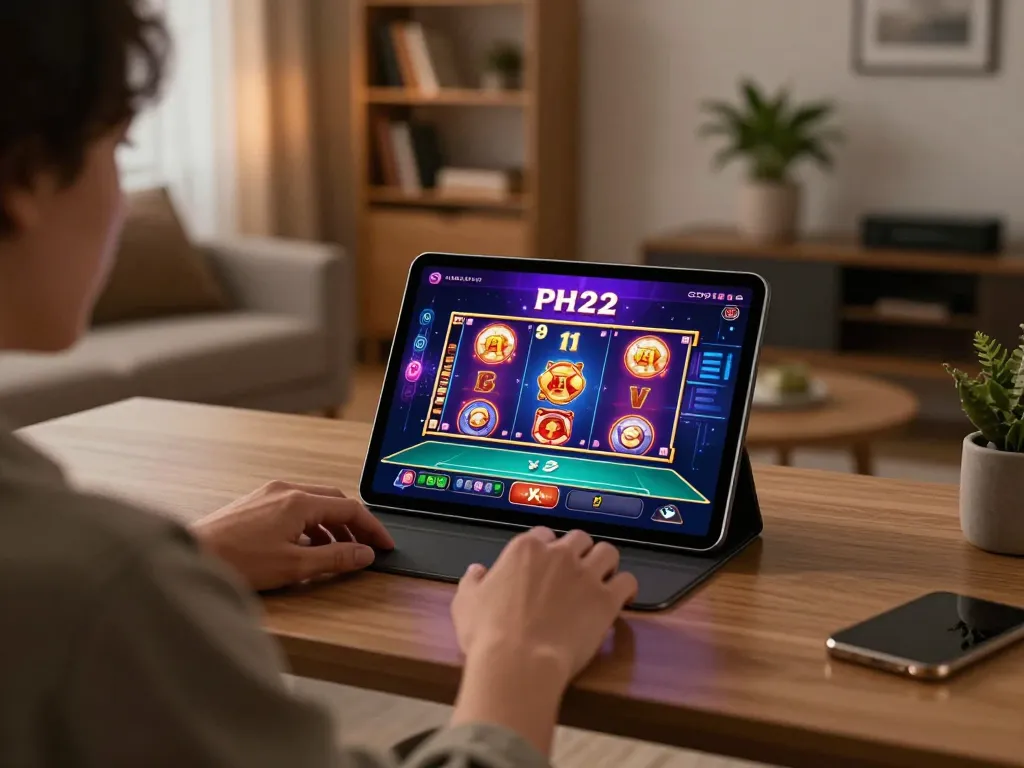 Engaging view of a player using the PH22 app for online slots and poker in a stylish living room
