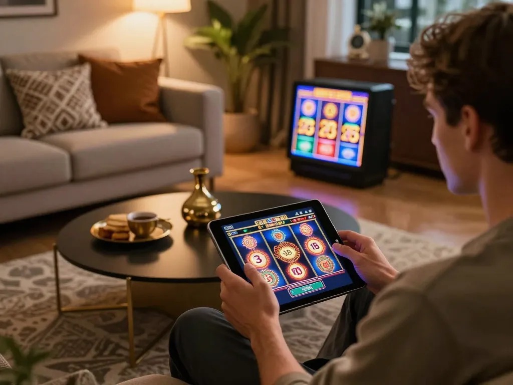 cm88game user interacting with a tablet for online slots in a cozy home setting