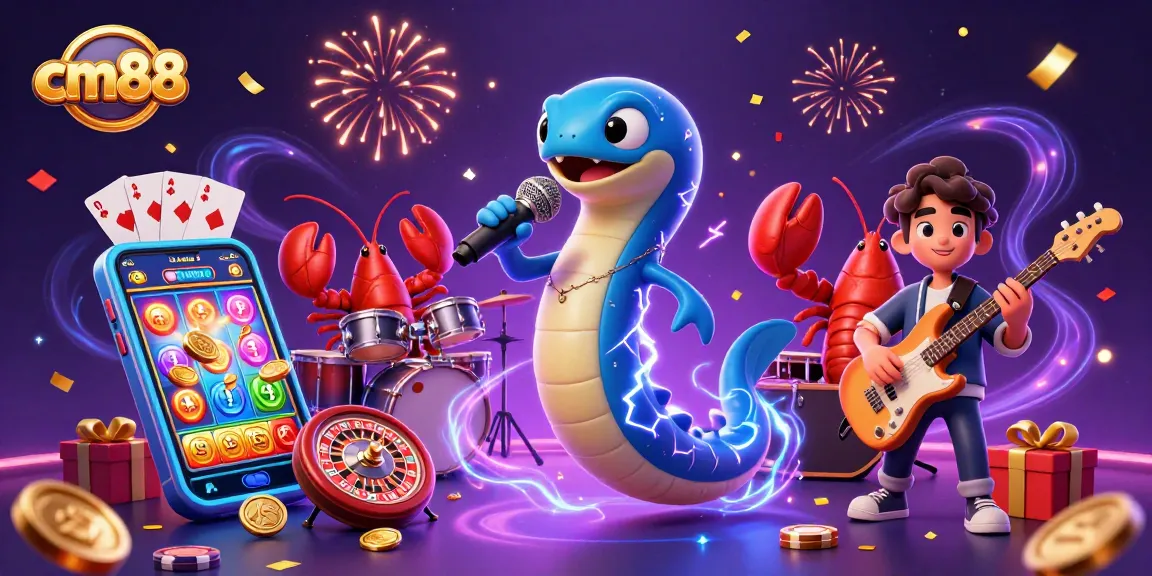 Experience the lively atmosphere of cm88 with a 3D cartoon eel DJ alongside a lobster drummer and seahorse guitarist performing in a vibrant, underwater casino stage.
