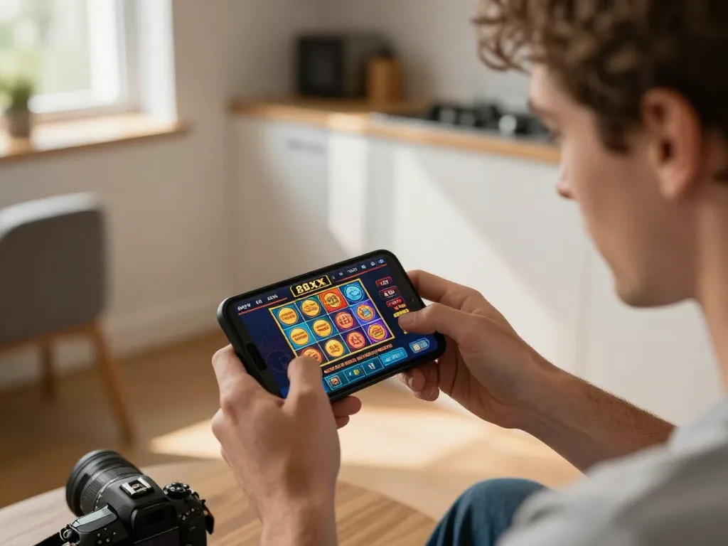 Engaging player using the 88xx app for online casino slots, enjoying a warm home atmosphere.