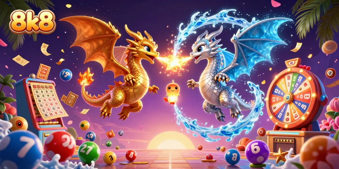 8k8 engaging illustration showcasing twin dragons and vibrant gaming elements.