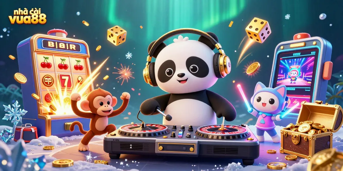 Experience excitement at nhà cái vua88 with a vibrant casino scene featuring playful characters and dynamic gaming elements.