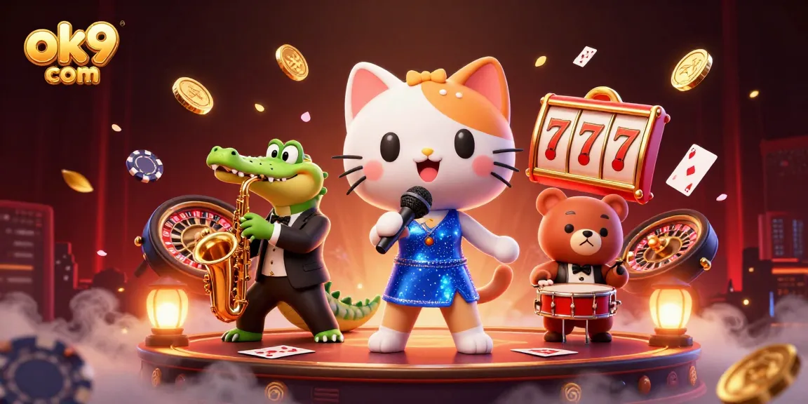 Experience the thrill of ok9 com with lively casino characters captivating players in a vibrant, action-packed illustration.