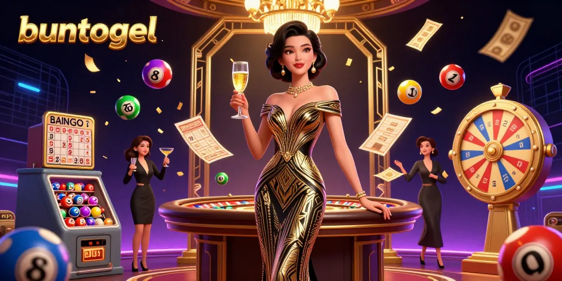 Experience the thrill of buntogel with a glamorous scene of luxury gambling, featuring dynamic lottery elements and a vibrant atmosphere.
