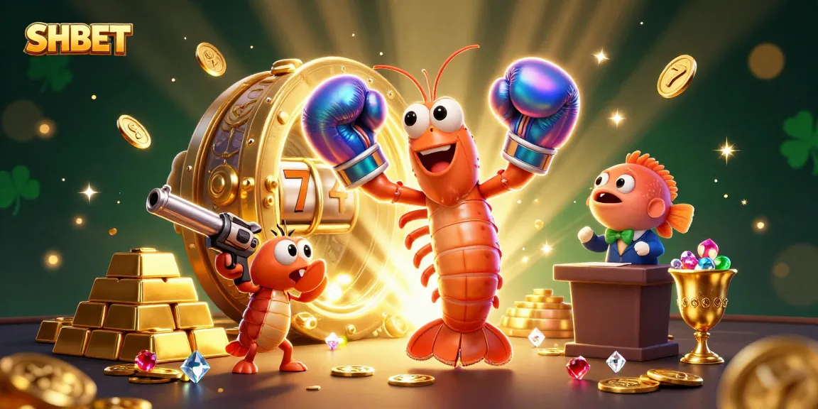 SHBET features a cartoon mantis shrimp with boxing gloves in a vibrant casino setting, surrounded by jewels.