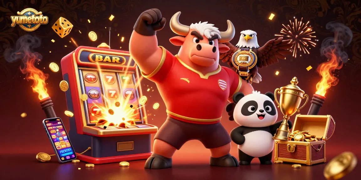 Win big with yumetoto as a muscular bull mascot celebrates success in a vibrant casino scene.