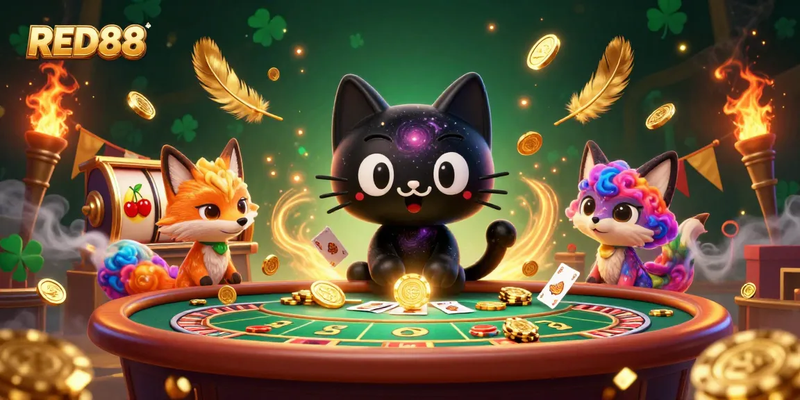RED88 showcases a playful black hole cat at a vibrant cosmic casino table, engaging gamblers in excitement.