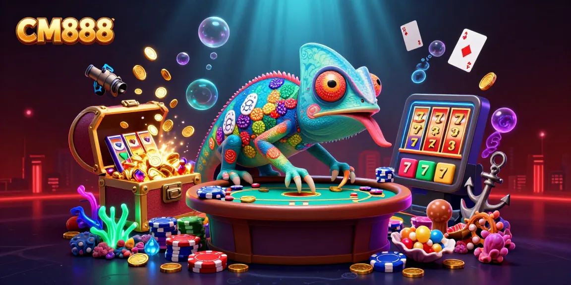 Experience the thrill of CM888 as a vibrant chameleon casino owner amidst bustling slot reels and treasures.
