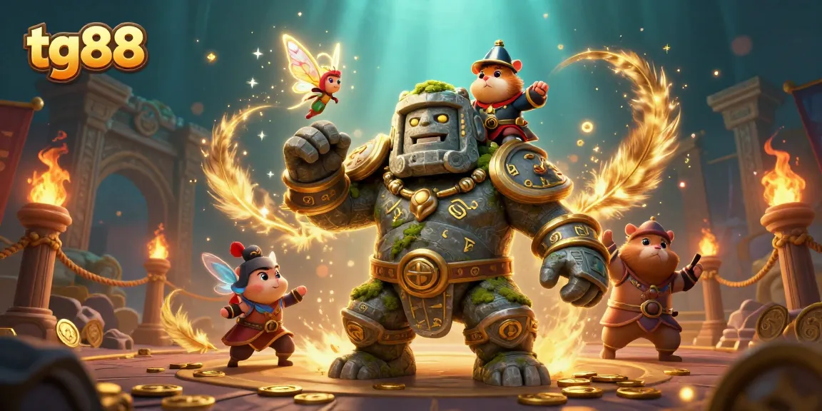 Engage with tg88's dynamic gaming scene featuring a magical stone golem, knight, and fairy casting spells.