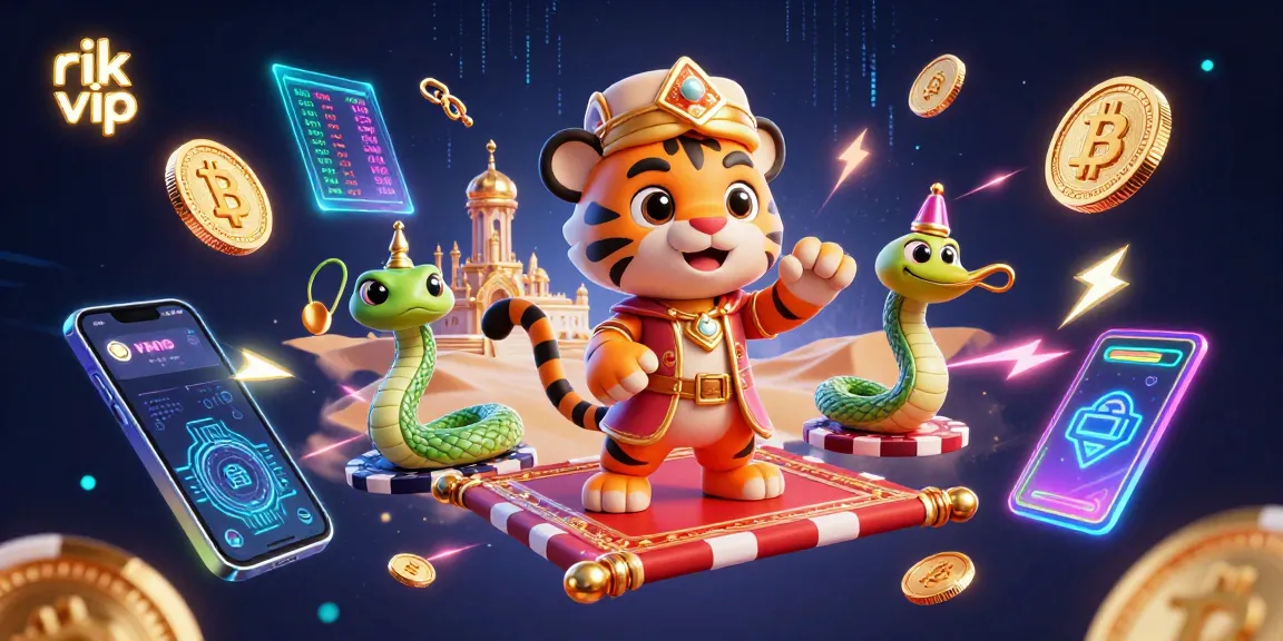 Experience excitement at rik vip with a vibrant 3D casino scene filled with crypto elements.