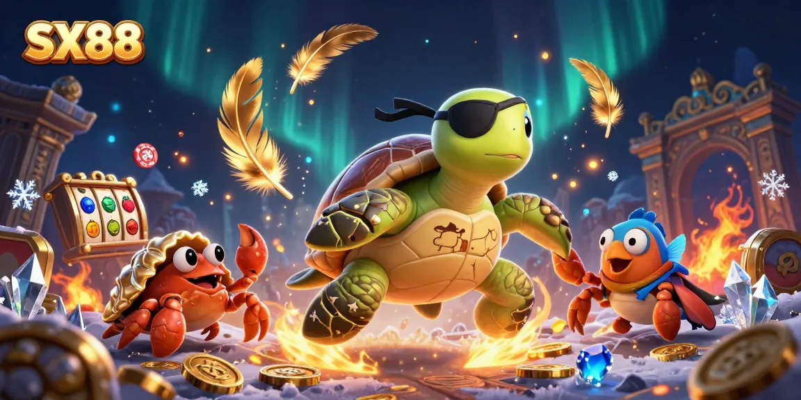 SX88 pirate-themed casino scene featuring a turtle, crab, and parrotfish amidst gold coins and slot reels